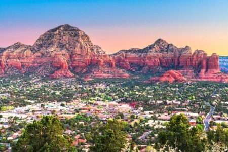 Sedona, Arizona from Airport Mesa with Coffee Pot Rock and Thunder Mountain behind the town