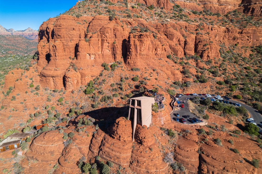 One-Day Sedona Itinerary: The Ultimate Blitz Through Trolleys, Vistas, and No Hiking Aerial view of Chapel of the Holy Cross in Sedona