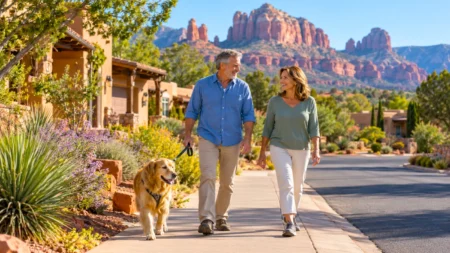 Waking Up in the Wilderness: What It’s Really Like to Live the Sedona Lifestyle Two people and a dog walking with red rock views