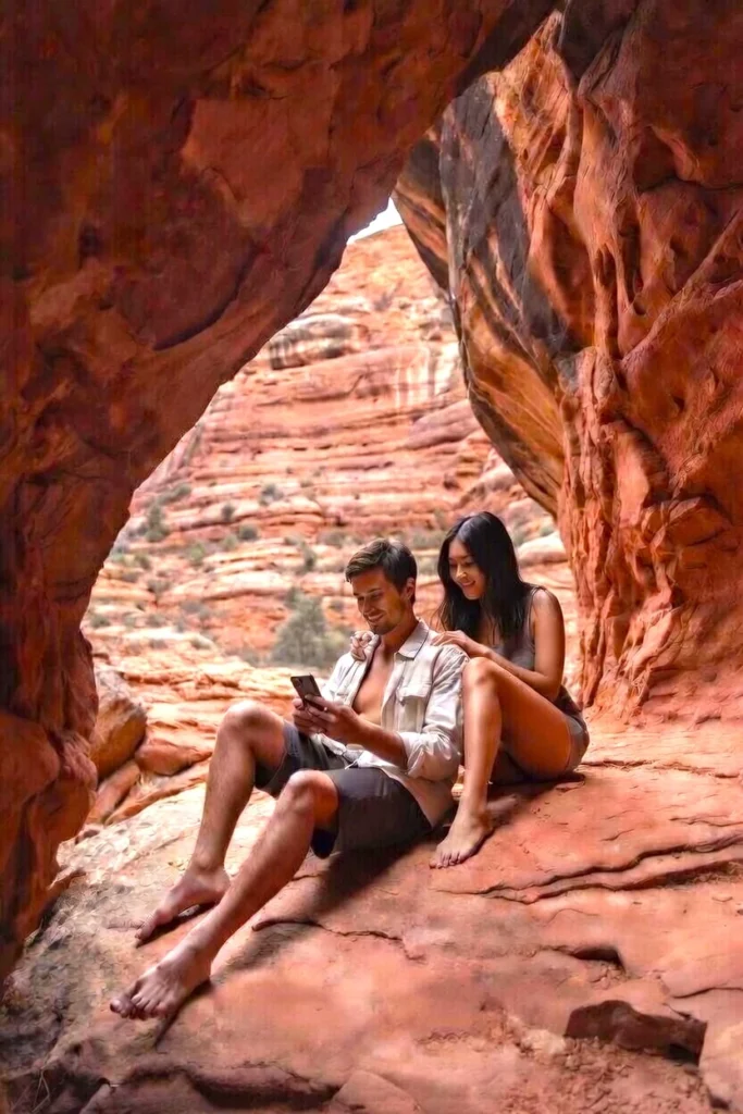 Two people seated in a red rock canyon