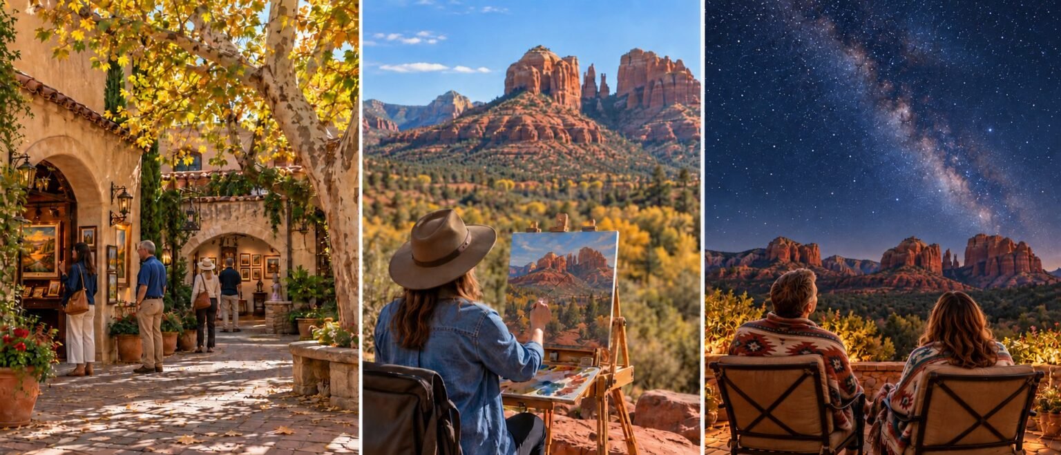 Golden Days and Starlit Nights in Sedona Autumn at Tlaquepaque in Sedona, an artist painting the red rocks outdoors, and stargazing beneath the Milky Way